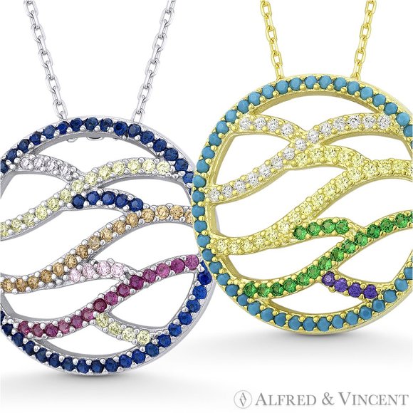 Criss-Crossing Swirl CZ Crystal Circle Pendant in .925 Sterling Silver w/Rhodium - Picture 2 of 2